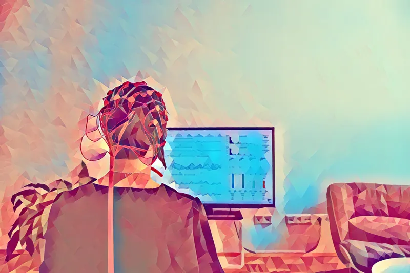Person mit EEG-Haube vor einem Bildschirm mit Hirnstromdaten, künstlerisch verfremdet