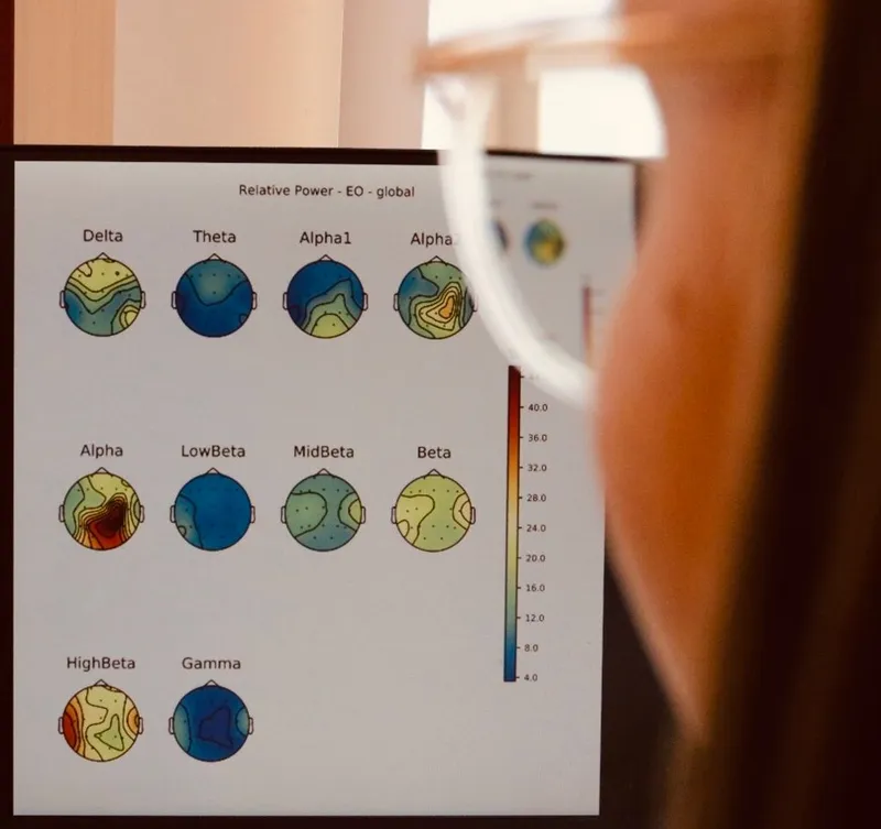 BrainMaps: farbige Kopfkarten der Gehirnaktivität in verschiedenen Frequenzbändern auf einem Bildschirm