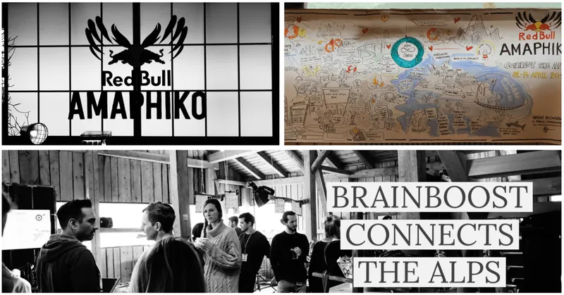 Collage from Red Bull Amaphiko “Connects the Alps” with the caption “brainboost connects the alps”